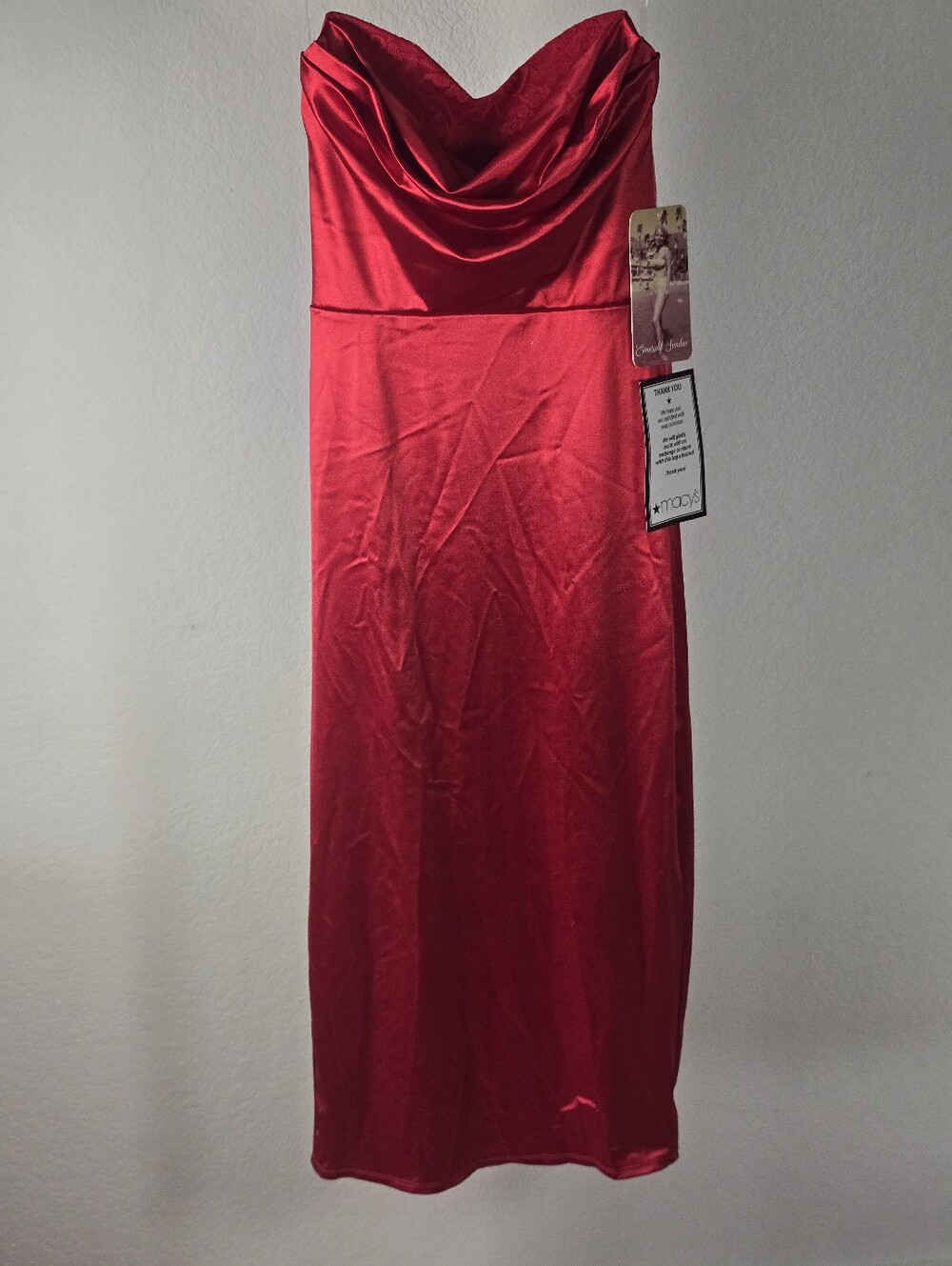 Title: Emerald Sundae NWT Small Red Satin Strapless Cowl Neck Bodycon Midi Dress